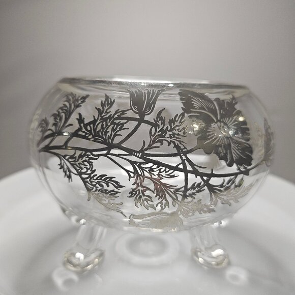 Silver City Flanders Poppy Sterling Overlay 3 Footed Clear Glass Bowl Vintage - Picture 2 of 10
